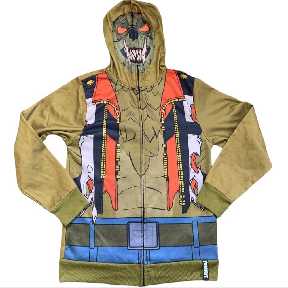FORTNITE Dire Wolf Costume Zip Front Hoodie Olive Green Boys Large Age 10-12Y